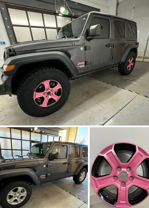 Jeep Wrangler with custom pink and black powder-coated wheels
